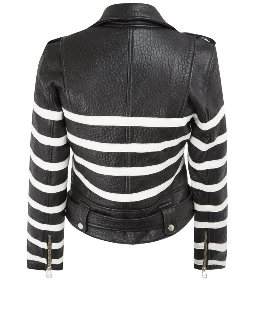 Women's Black and White Striped Leather Biker Jacket