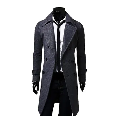 Winter Men Slim Tops Stylish Trench Coat Double Breasted Long Jacket Parka Grey 