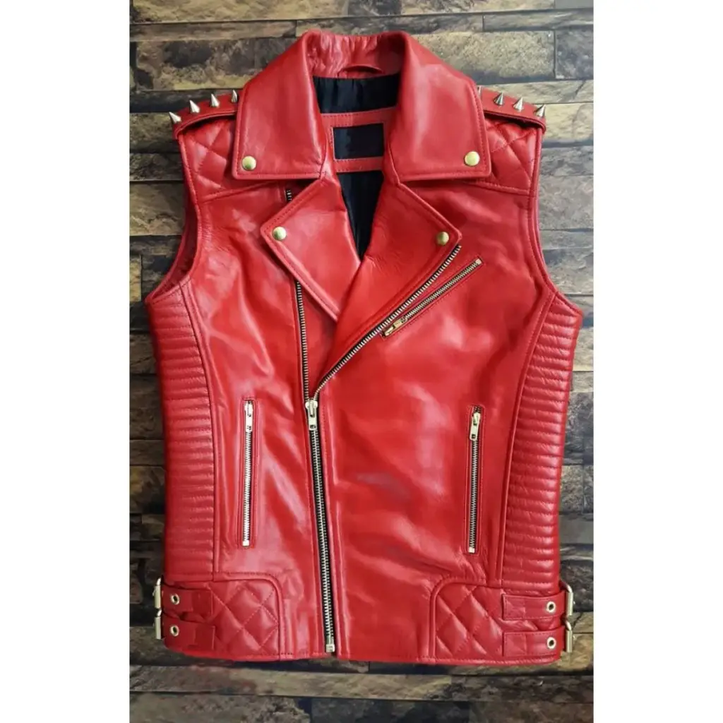 Men's Red Leather Biker Vest 