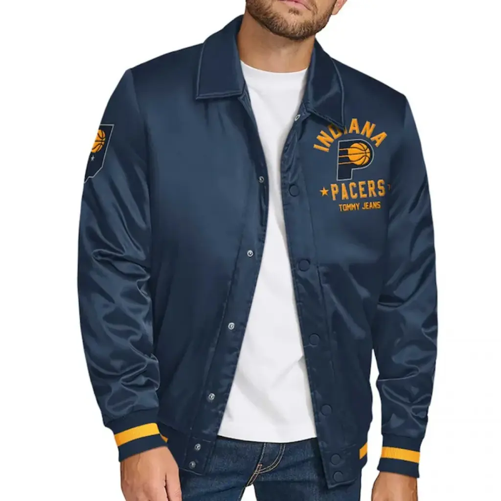 Indiana Pacers Stitch Applique Navy Satin Jacket