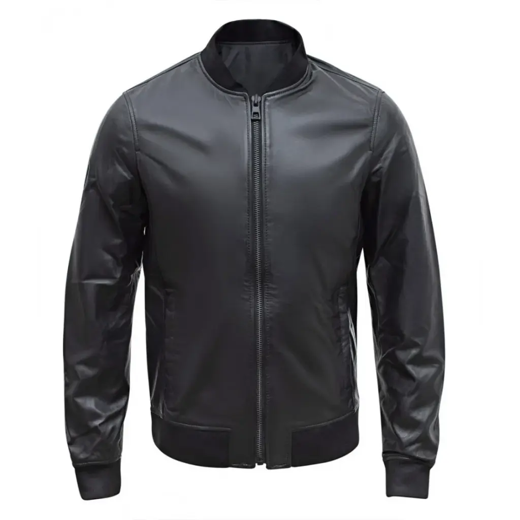 Men’s Casual Bomber Real Black Leather Jacket